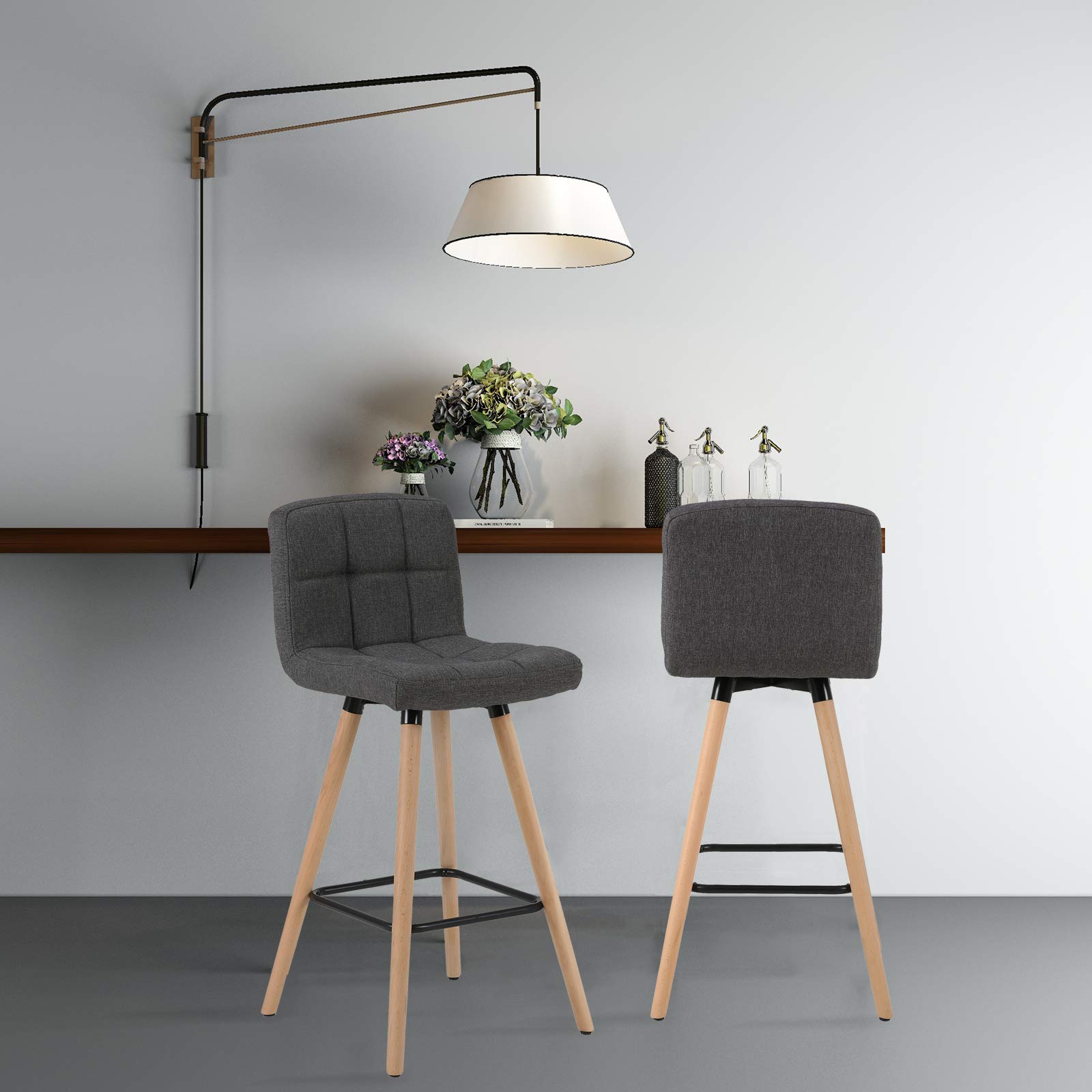 WOLTU Taburetes de Bar con Respaldo, Asiento de Lino, Gris Oscuro | Juego de 2, con Reposapies, Marco de Madera, para Cocina, Bar