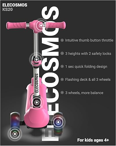 Miniatura 9 de Patinete eléctrico plegable para niños de 3 a 12 años, acelerador de pulgar, cubierta flash y 3 ruedas grandes extra anchas con luz, 3 alturas