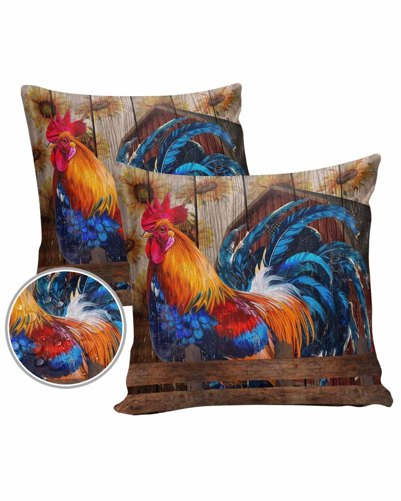 Farmhouse Rooster Outdoor Pillow Cover 24x24 Inch Cushion Sham Case,Waterproof Decorative Square Throw Pillowcase for Outside Garden Patio Porch Couch Chair Tent Rustic Sunflower Farm Wood Grain Brown