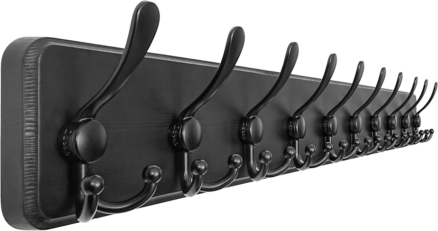 Dseap Coat Rack Wall - Heavy-Duty 38-1/4" Long, with Reinforced 10 Custom Tri-Hooks, Solid Wood Wall Hanger for Coats Hat Jackets - Rustic Farmhouse Entryway Hallway Storage, Black L=38.3"(1pcs) Black