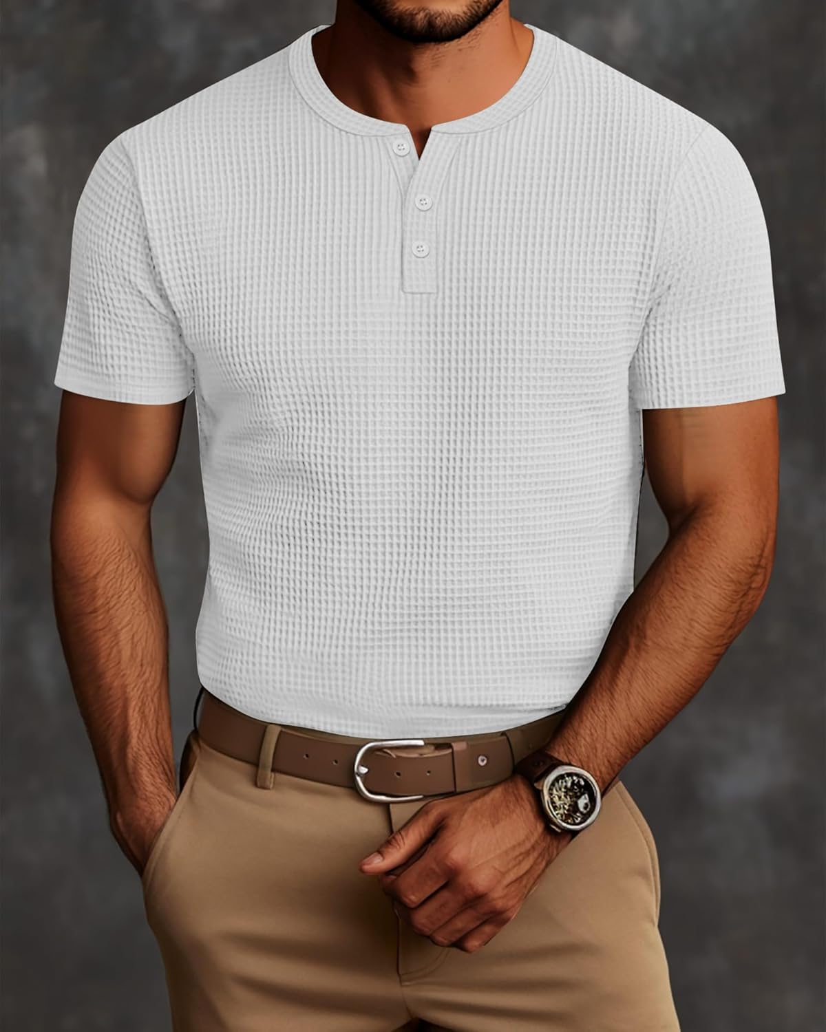 Ficerd 3 Pack Men's Waffle Henley Shirts, Short Sleeve Tees Cotton Summer Casual T-Shirts Knitted Pullover Tops 2025 - Image 2