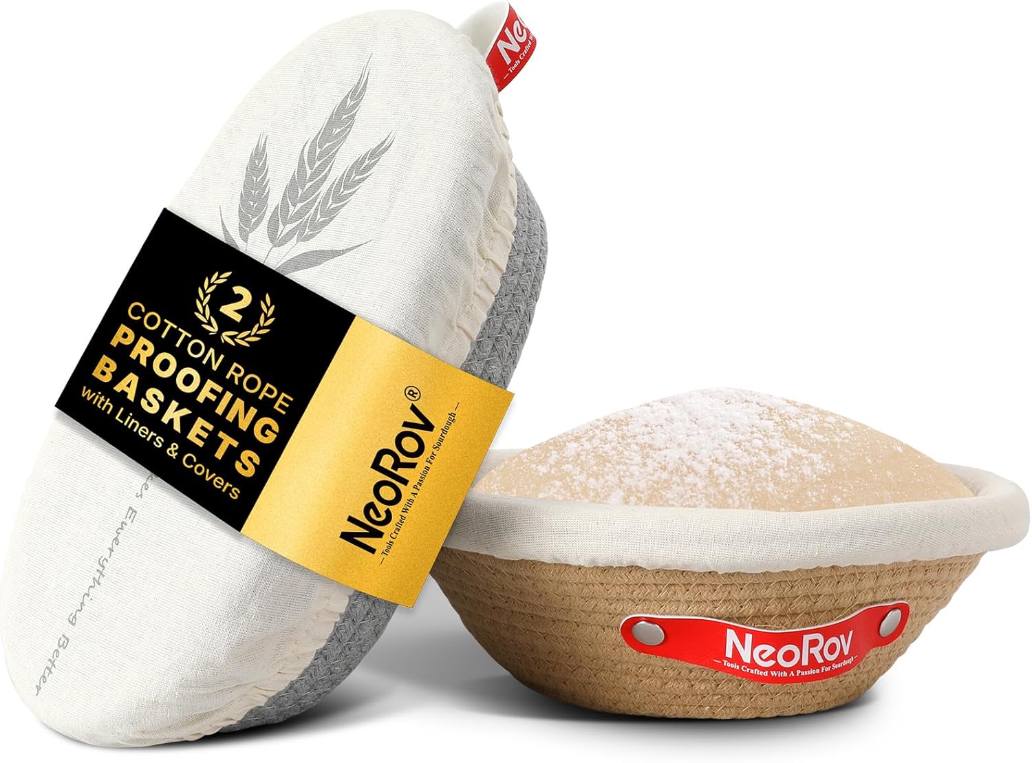 Cotton Rope Proofing Basket Set - Oval & Round Sourdough Baskets - Sourdough Proofing Basket & Cloth Cover - Bread Proofing Basket - Sourdough Bread Baking Supplies 1X Oval & 1X Round Grey & Khaki Set