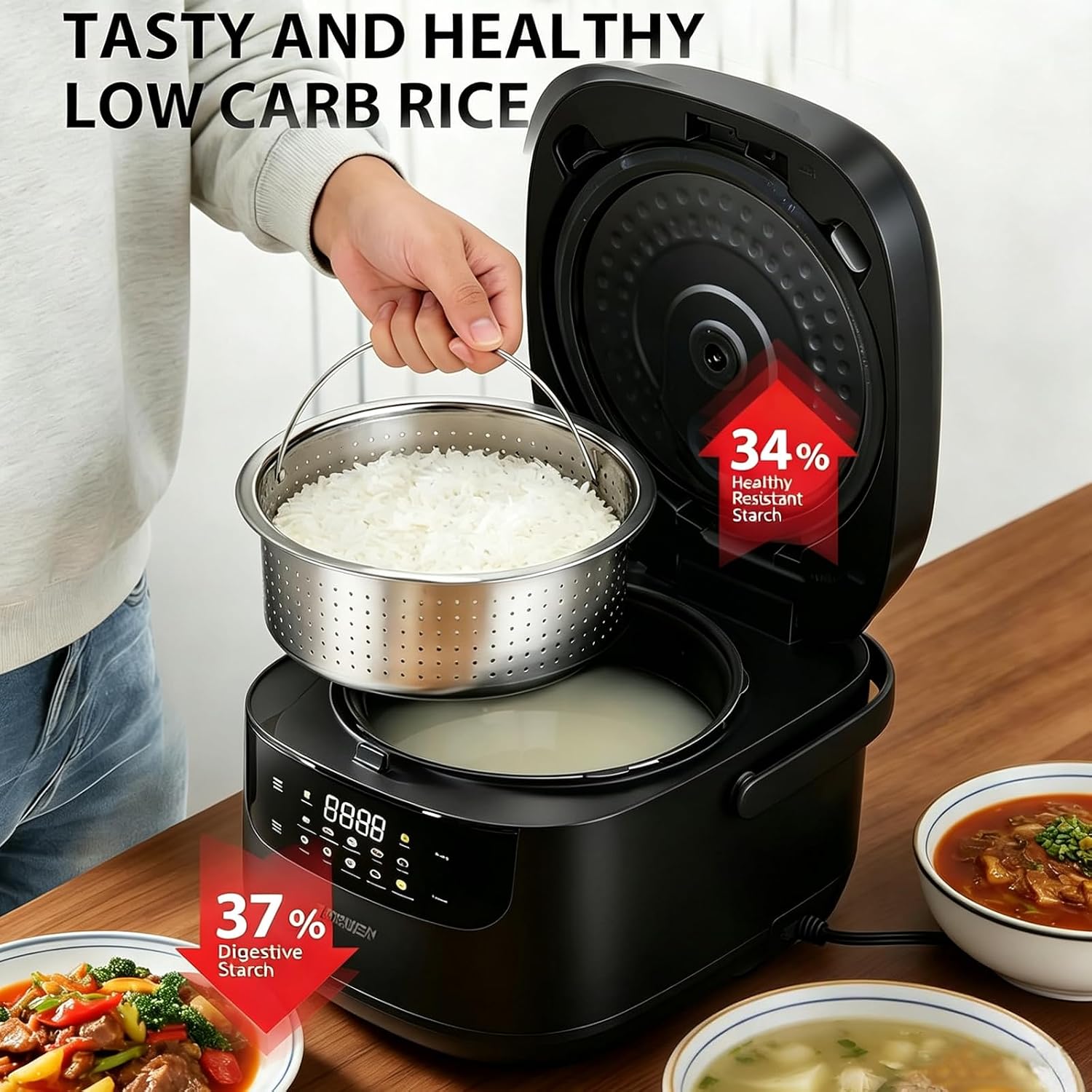 Stainless Steel Low Carb Rice Cooker,2 Quart 6 Cups Cooked/3 Cups Uncooked