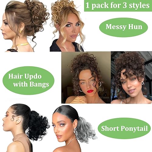 Miniatura 5 de Moño de pelo desordenado, cordón elástico, ondas sueltas, moño de pelo rizado grande, extensión de cola de caballo corta para mujeres, 2.47 oz (75