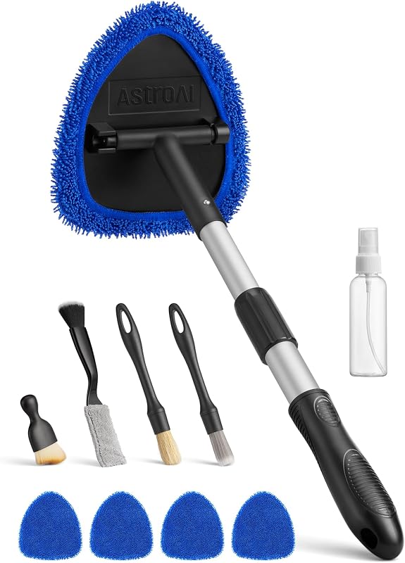 8pcs Windshield Cleaner Tool & Car Interior Detailing Kit | Extendable Handle, 4 Cleaning Brushes, 4 Reusable Microfiber Pads, Scratch-Free for Leather Seats, Blue
