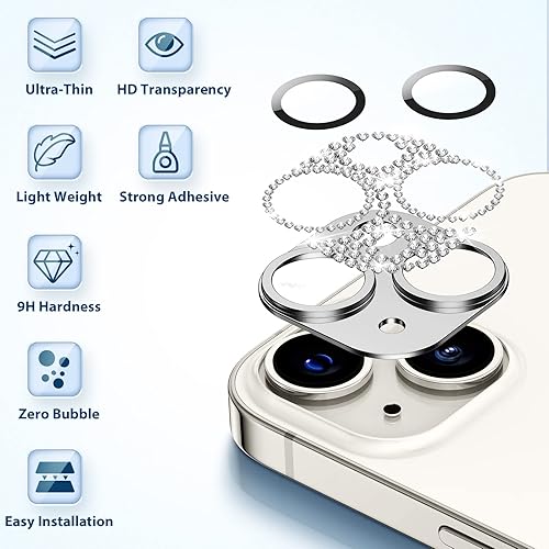 Miniatura 8 de Goton Compatible con iPhone 14 Plus  14 protector de lente de cámara, cubierta de metal brillante con purpurina, accesorios de protección de