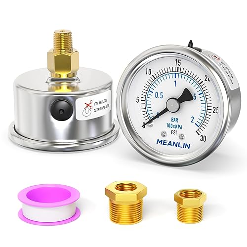 Miniatura 26 de MEANLIN MEASURE 0~30Psi Manómetro de baja presión en seco, acero inoxidable, esfera con cara de 2 pulgadas, NPT de 1/4 de pulgada, impermeable para
