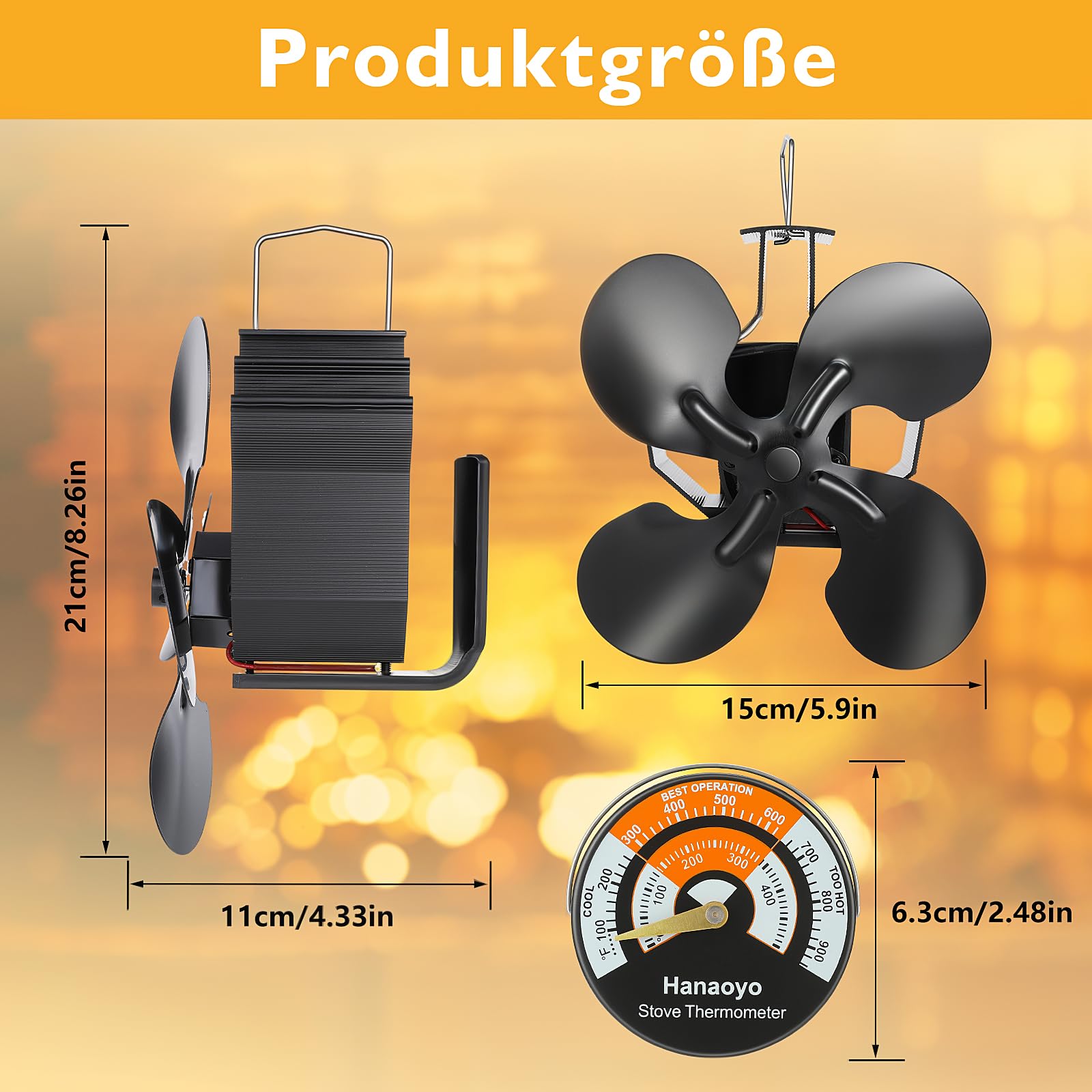 Hanaoyo Ofenventilator Ohne Strom, Kaminventilator mit Thermometer, Kaminlüfter für Holz/Brennholz/Feuerstelle/Ofenrohr, Ofenventilator für Rauchrohr mit 1 Ofenthermometer und 2 Ersatzringen