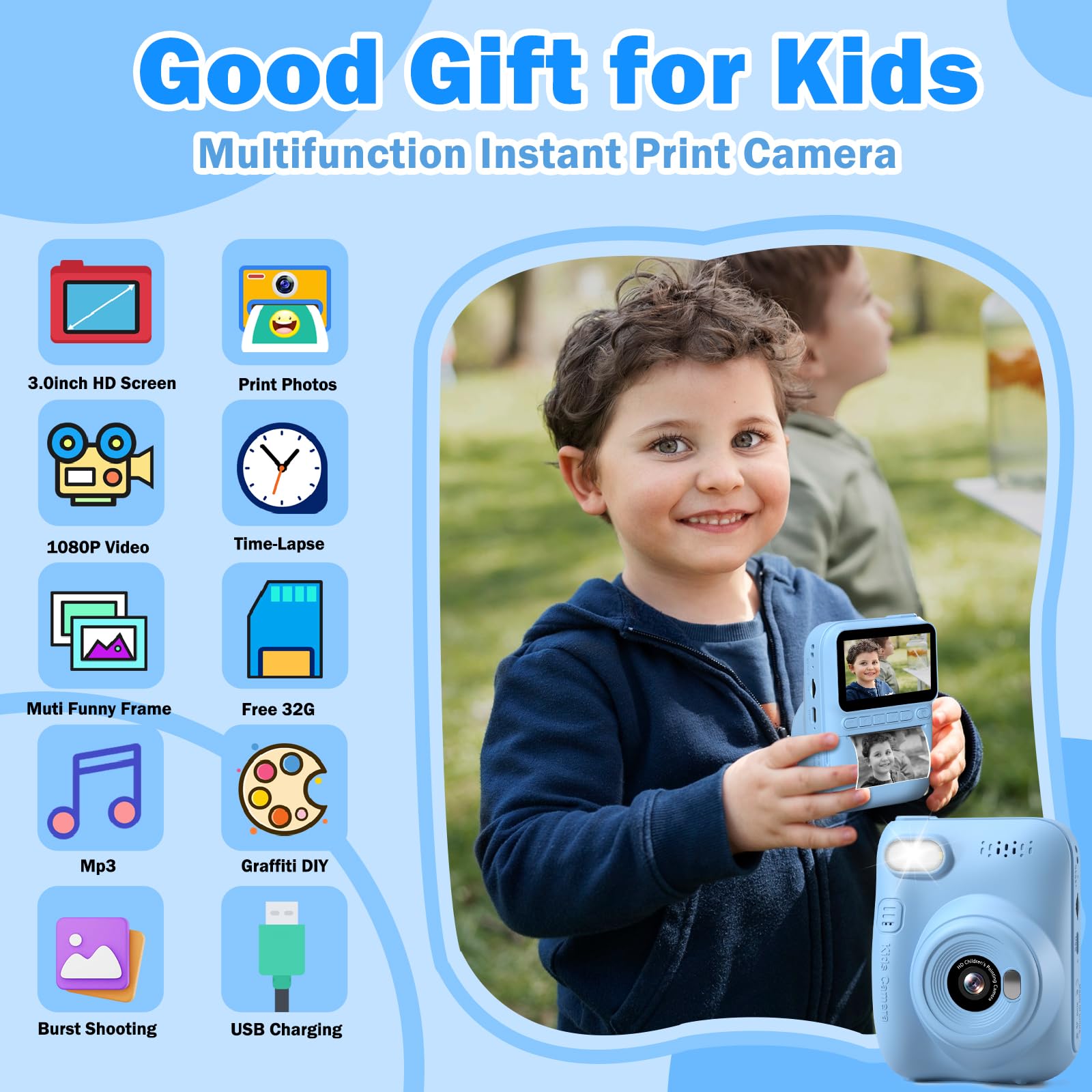 Macchina Fotografica Bambini Istantanea,Hangrui 3,0 Pollici Fotocamera Istantanea Bambini con 32GB Scheda,14MP/1080P HD Videocamera Fotocamera Digitale Bambini per Ragazze Ragazzi da 3-12 Anni -Blu