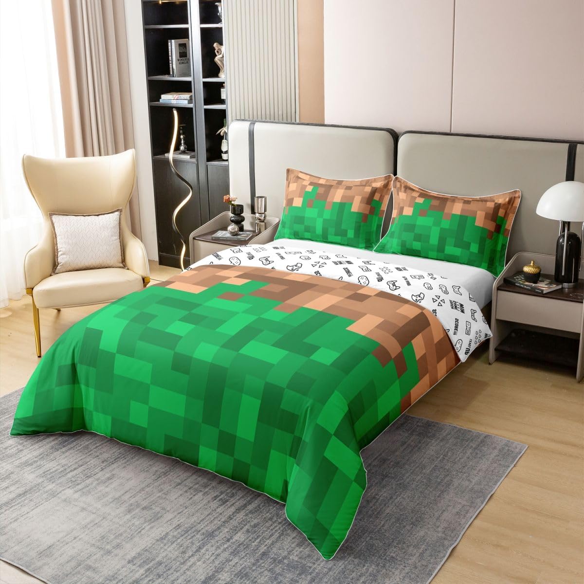 Pixel Blocks Duvet Cover Set Full Size 100% Cotton,Games Miners Square Patchwork Kids Bedding Set,Gaming Geometric Grid Plaid Girls Boys Room Decor,Brown Green Quilt Cover,2 Pillowcases(No Filler) image 2