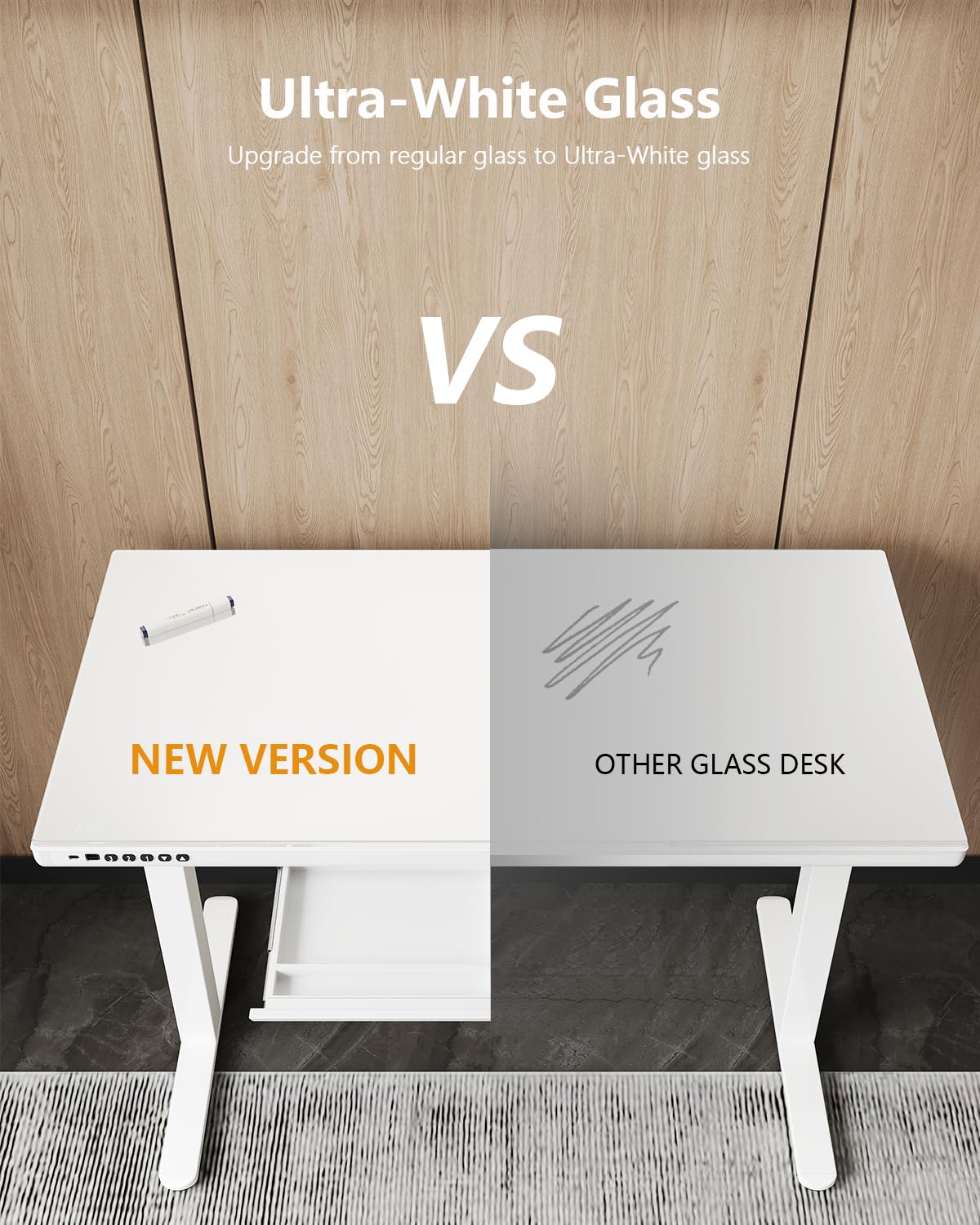 Homall Glas Höhenverstellbarer Schreibtisch, 140 x 70 cm Elektrischer Höhenverstellbarer Schreibtisch mit Schublade, Sitz- und Steh-Schreibtisch für Home Office, weiß