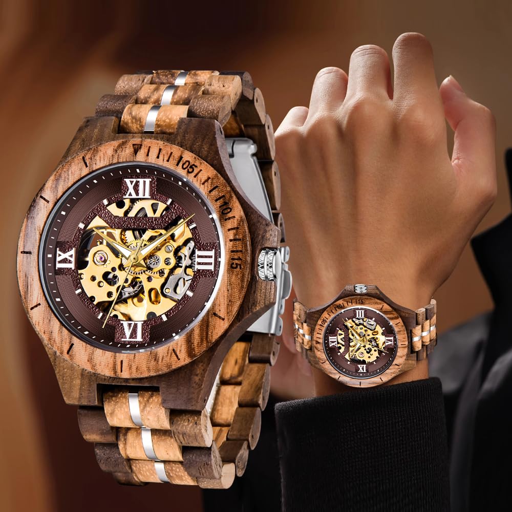 Tiong Herren Holzuhr Mechanische Skelett Automatisches Uhrwerk Holzuhren | Retro Leichte Herrenuhr mit Holz Geschenkbox, Klassische Holzuhr als Geschenk für Männer