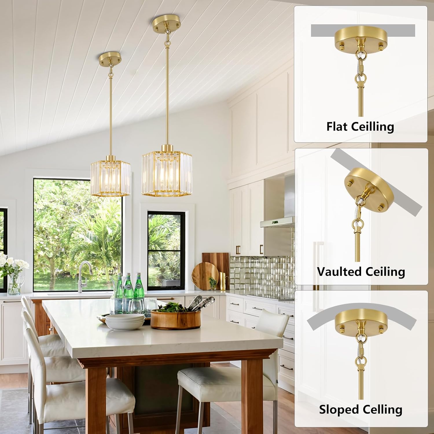 2 Pack Gold Pendant Lights Kitchen Island, Modern Crystal Pendant Light Fixtures, 1-Light Small Farmhouse Chandelier, Adjustable Brass Hanging Light Fixture for Dining Room, Hallway, Bedroom