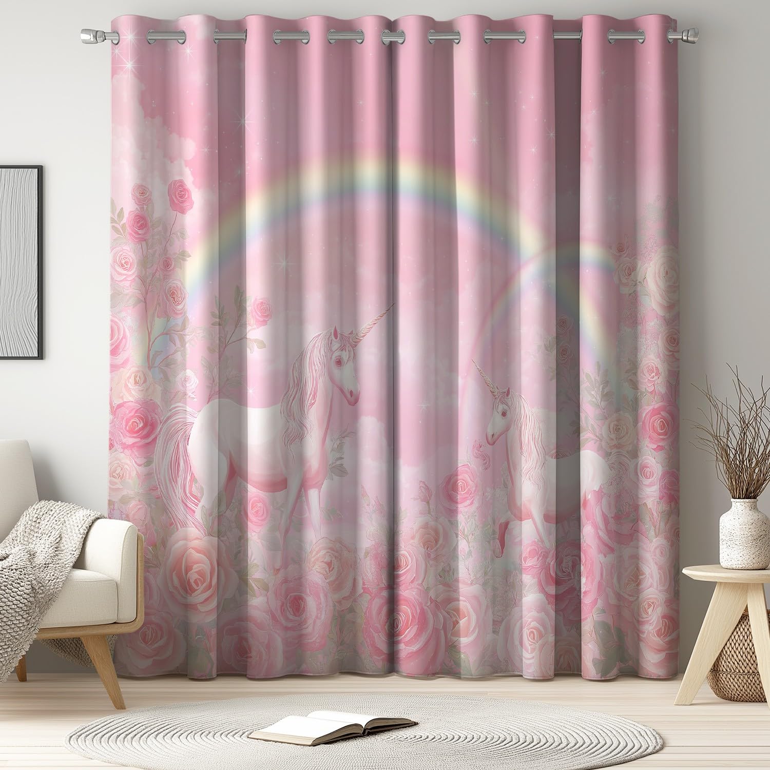 Générique Rideau Occultant Rêveur Animal Licorne - Lot de 2 Rideaux Opaque Rideaux à des Œillets Décoratifs Motif 200 x 240 CM pour la Chambre Le Salon et la Chambre d’Enfant Rose