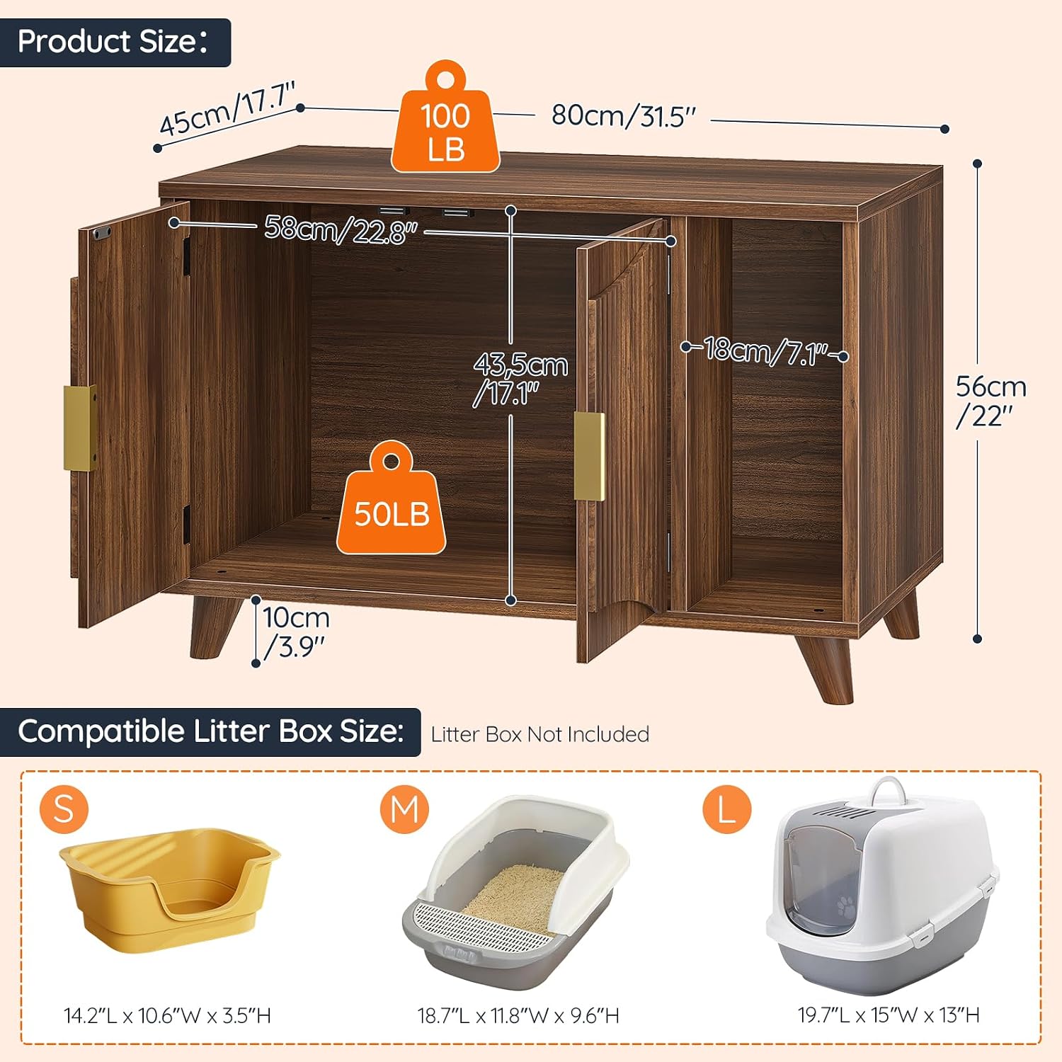 HOOBRO Cat Litter Box Enclosure, 31.5" Hidden Litter Box Furniture with Wave-Patterned Door & Side Entrance, Litter Box Cabinet with Raised Wooden Legs, Living Room End Side Table, Walnut WL28MW01