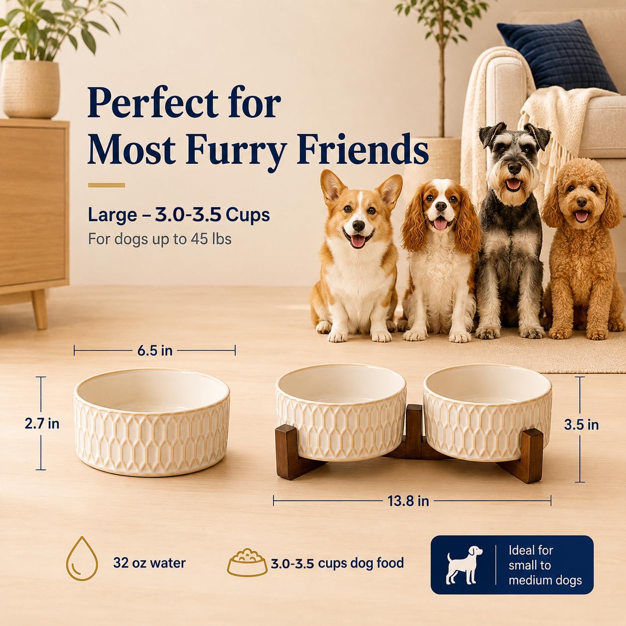 Keramik-Hundenäpfe mit Holzständer, erhöhter Doppel-Hundenapf-Set, 3 Tassen, Futter- und Wassernäpfe für kleine und mittelgroße Hunde, Anti-Kipp-erhöhter Keramik-Futterspender