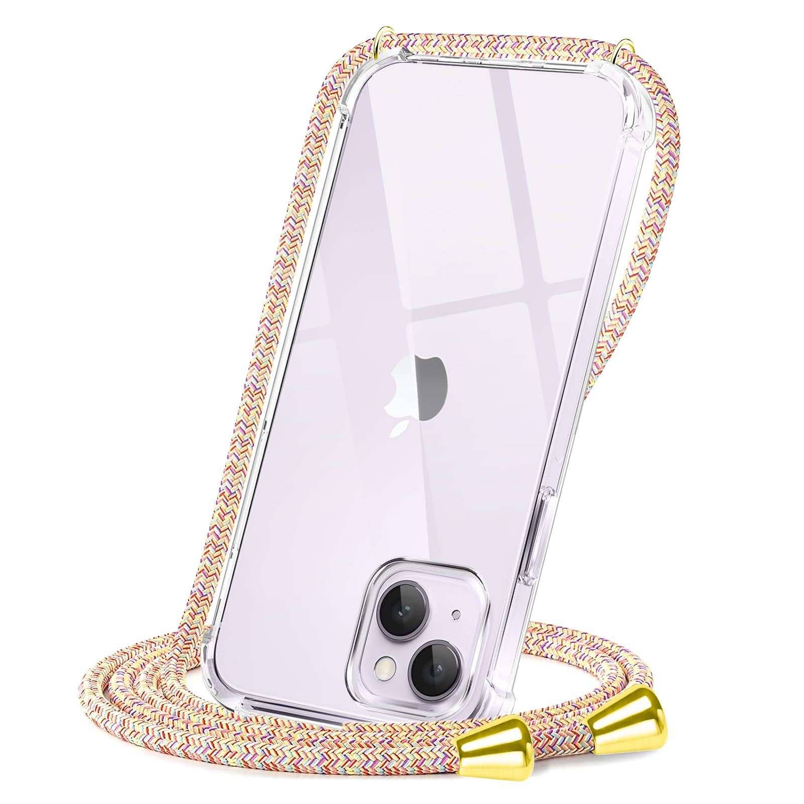 Crossbody Case for iPhone 14,Necklace Mobile Phone Cover with Cord Strap Clear Transparent TPU Soft iPhone 14 Cover Holder with Neck Cord Lanyard Strap-Rainbow