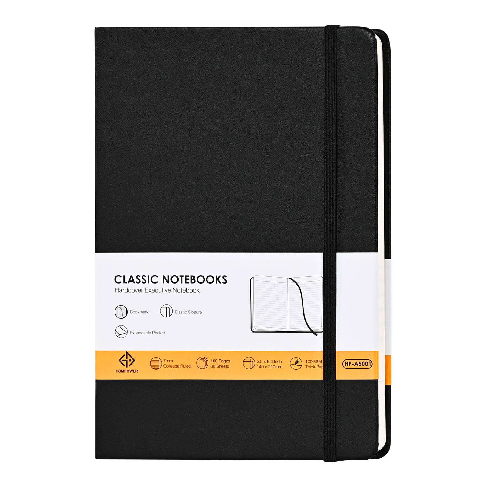 Hompower Lined Notebook Journals A5 Size 14 x 21cm, 160 Lined Pages with Expandable Pocket, 100GSM Paper, Hardcover Notepad(Black - 1 Pack)