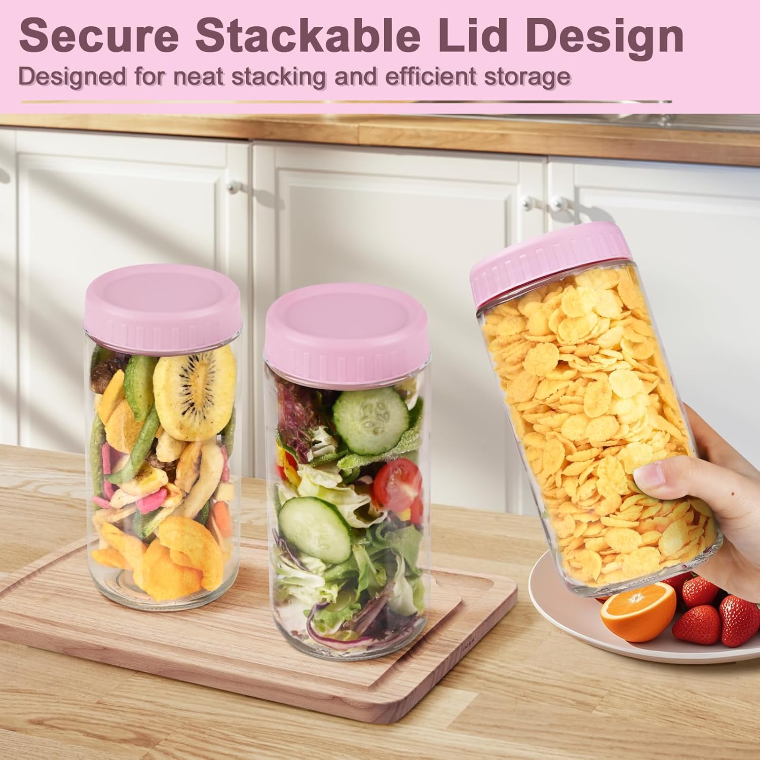 Overnight Oats Containers with Lids, 24oz Wide Mouth Mason Jars with Lids, 9 Pack Glass Jars with Airtight lid for Chia Pudding Yogurt Salad, Meal Prer Oatmeal Jars, Pink - Image 5