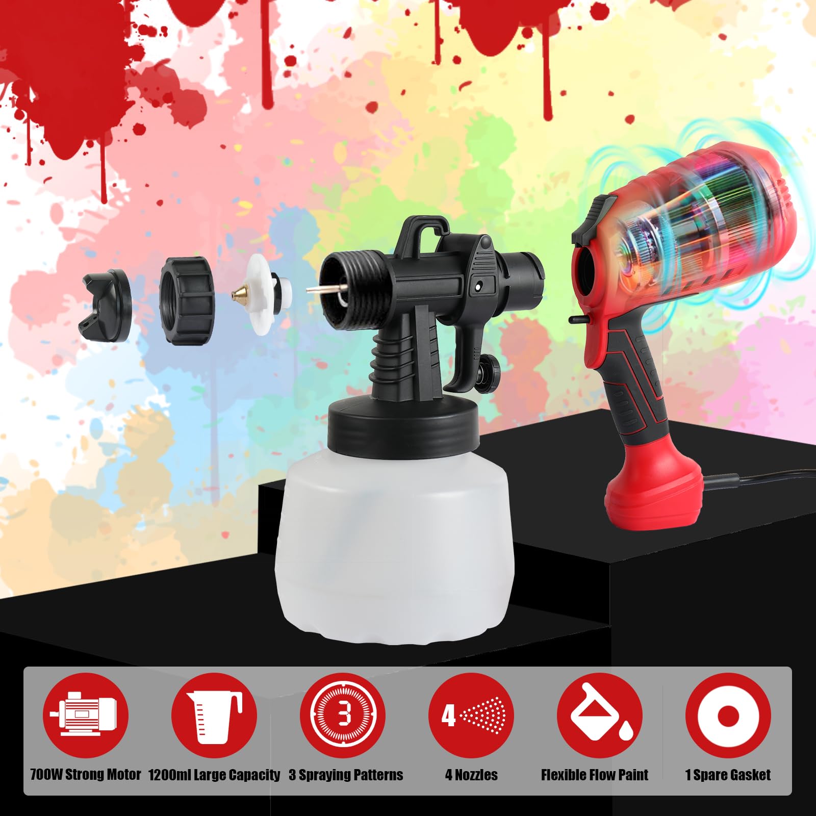 Pistola pulverizadora eléctrica de pintura, pistola de pintura de alta eficiencia de 700 W, con capacidad de 1200 ml y 4 tamaños de boquilla, caudal ajustable para ahorrar pintura, ideal para reformas