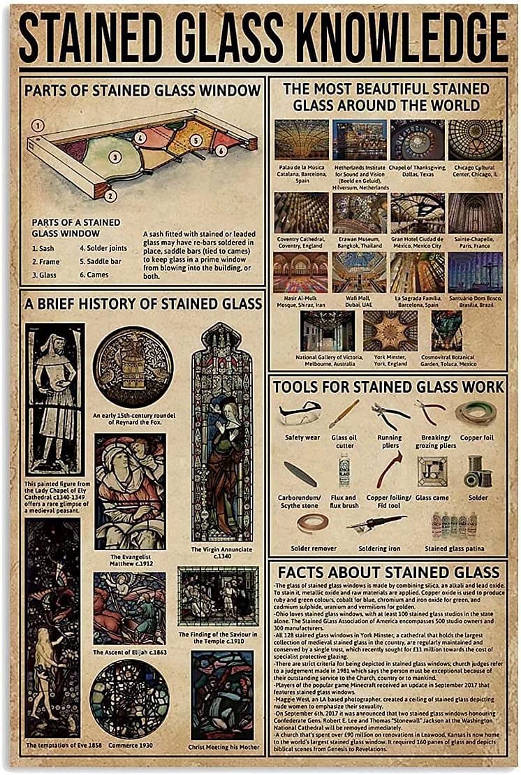 rayprint Stained Glass Knowledge Metal Tin Signs Stained Glass Reference Infographic Posters Worker Home Guide Studio Office Farmhouse Wall Decor 12x16 Inches