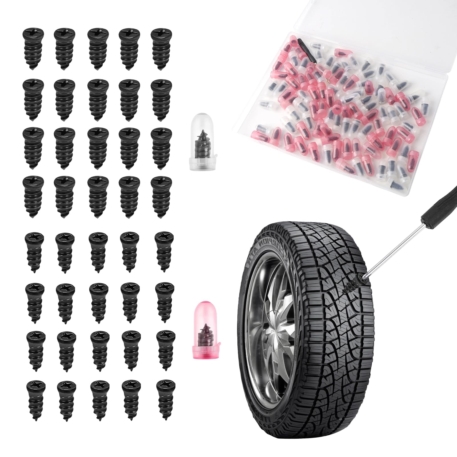 Luckwaii Tyre Repair Kit Rubber Nails 100Pcs Puncture Repair Screws with Screwdriver Storage Tool Box, Universal Tire Plugs Fast Self-Service for Cars Motorcycles and Bicycles (50S & 50L)