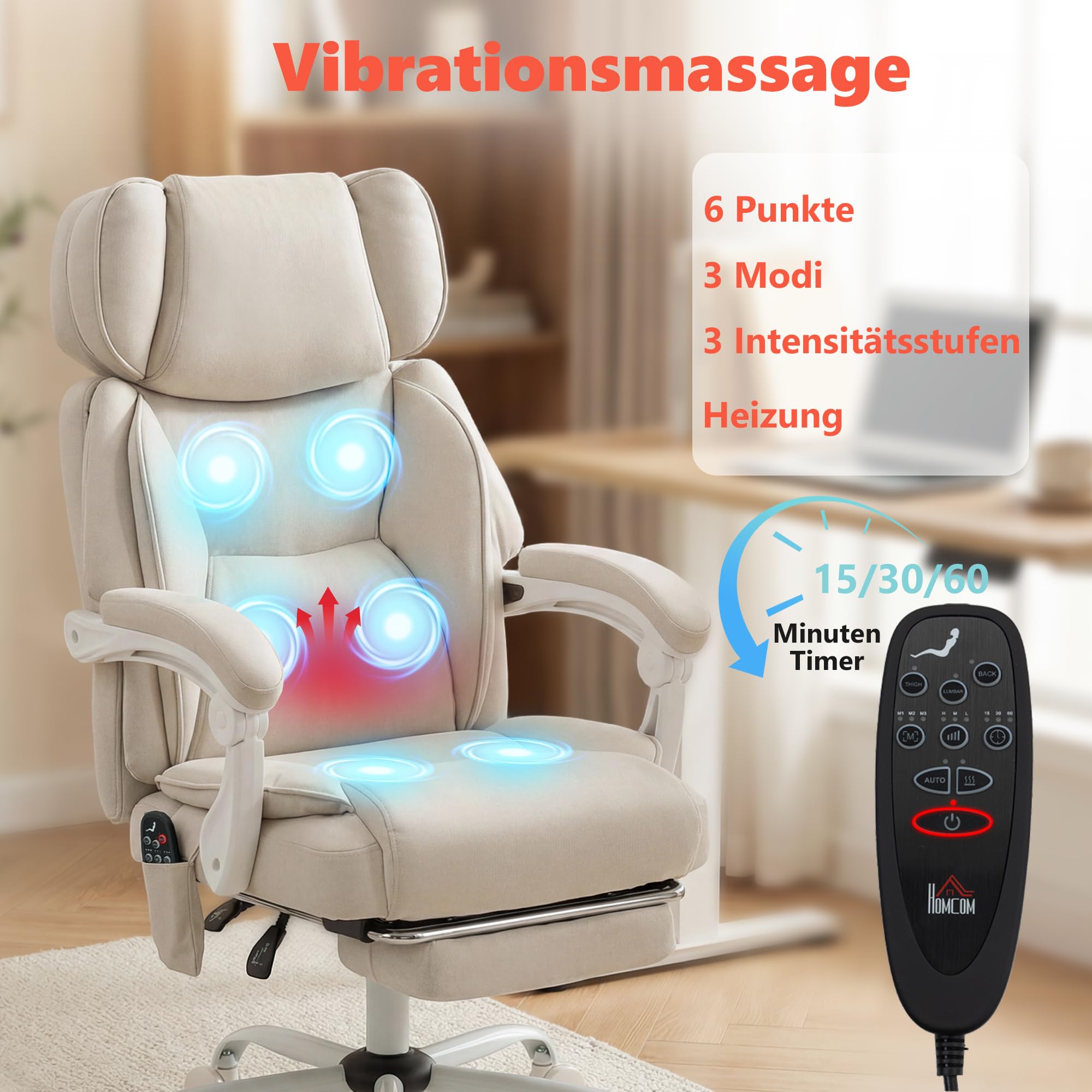 HOMCOM Bürostuhl mit Massagefunktion, Ergonomisch Schreibtischstuhl mit Liege- & Wärmefunktion, Verstellbarer Kopfstütze, Höhenverstellbar Drehstuhl mit Lordosenstütze, Fußstütze Kunstleder Cremeweiß
