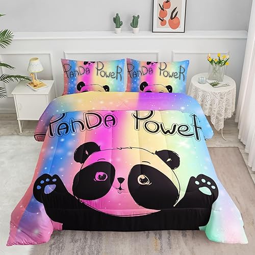 Datura home Juego de edredón de arcoíris Kawaii lindo panda estampado con 1 y 2 fundas de almohada para dormitorio de niñas para todas las