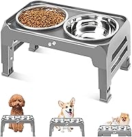 COMESOON Elevated Dog Bowls for Small Medium Dogs - 3 Height Adjustable Raised Stand, 2x 6in Thick Stainless Steel Bowls, Non-Slip Grey Feeder