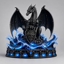 Black Dragon LED Night Light, Fantasy Wyvern Statue Table Lamp with Blue Magic Wave Light-Up Base, Gothic Resin Decor Ornament, Desktop Ambient Light for Gaming Room,1