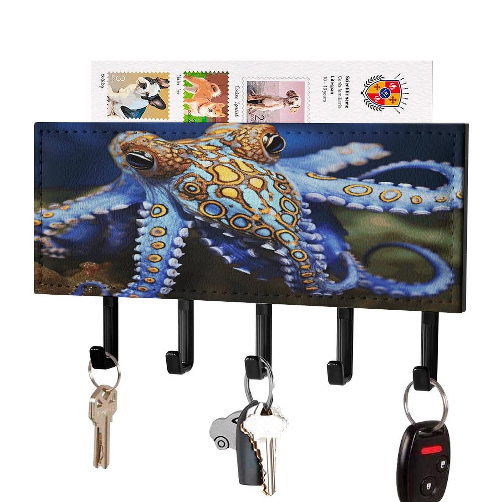 VstaDank Blue Ringed Octopus Key Holder for Wall Key Holder Wall Mount Adhesive with Mail Organizer Tray Adhesive Metal Key Rack with 5 Hooks Hanger PU Leather Key Hanger for Entryway