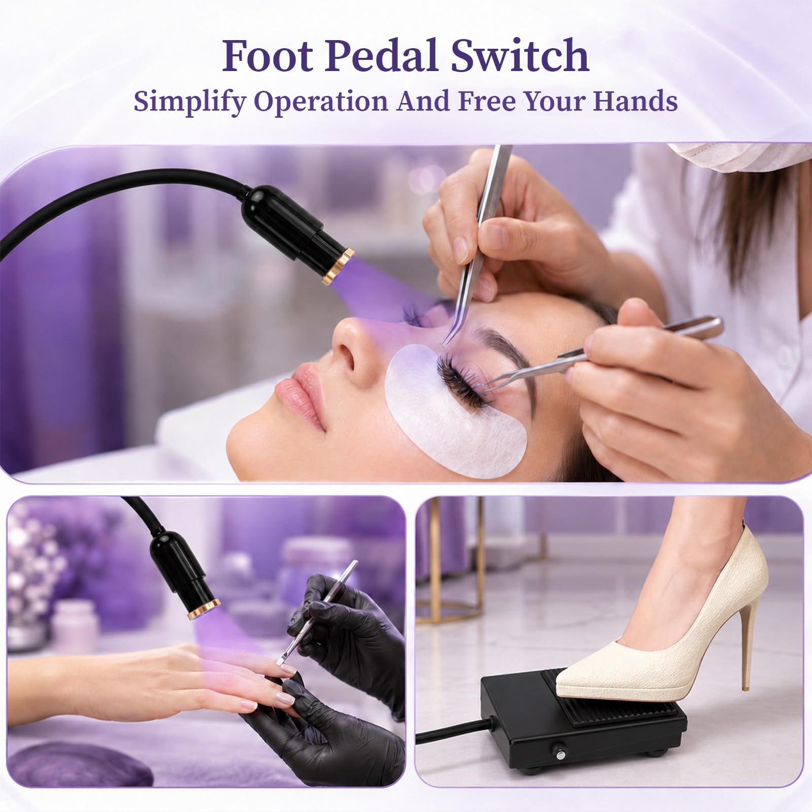 Lampada UV 2 in 1 per extension ciglia 10W | Lampada UV per extension ciglia con pedale, rotazione a 360°, tempo di polimerizzazione 2-3 secondi, area di irradiazione regolabile, saloni di bellezza