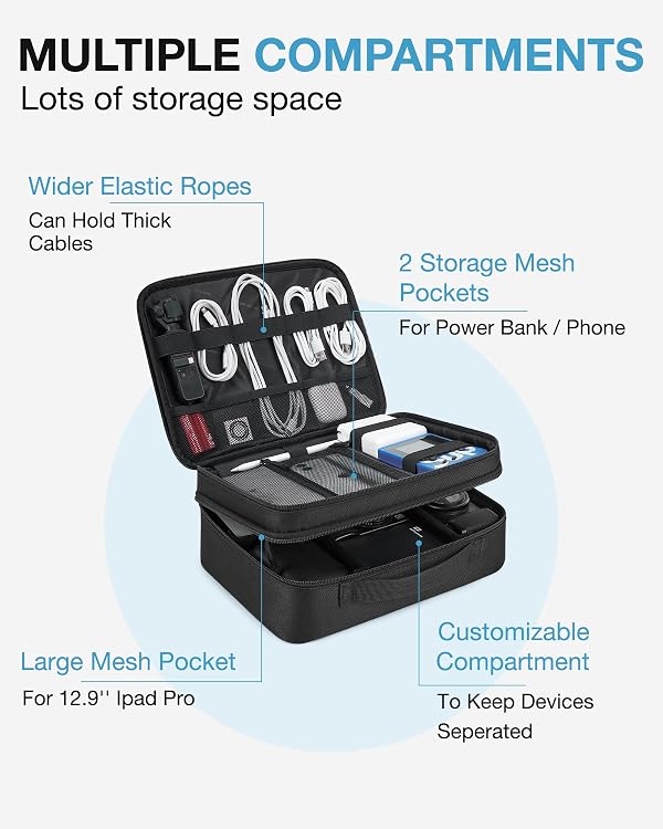 BAGSMART Cable Organizer Bag, Travel Electronics Organizer with Adjustable Divider, Tech Bag Carrying Case, Storage Bag Sturdy Tool Case with Handle for Cellphone Cord Electronics Accessories, Black by BAGSMART - Image 2