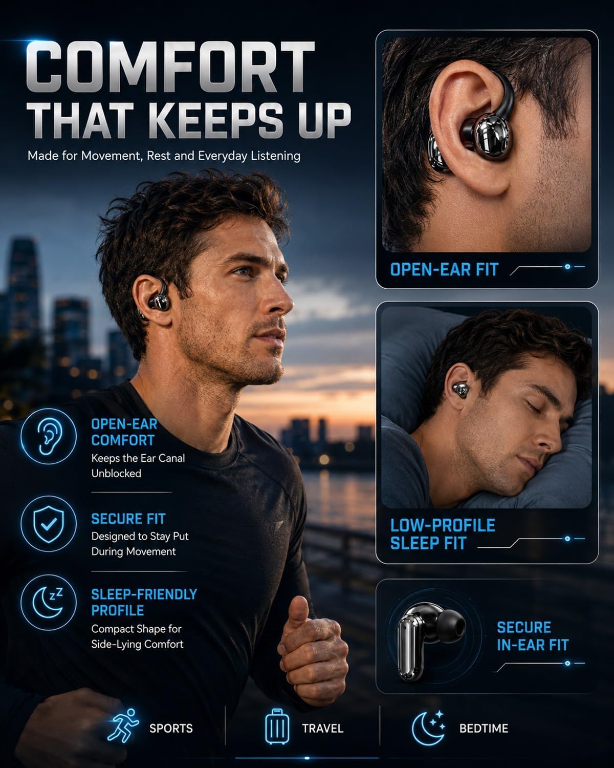 3-in-1 Bluetooth Wireless Earbuds with Chargeable Power Bank Case Interchangeable Clip-On, in-Ear & Sleep Earphones, APP EQ, LED Display, Low Latency Headphones for Sports and Travel(Black)