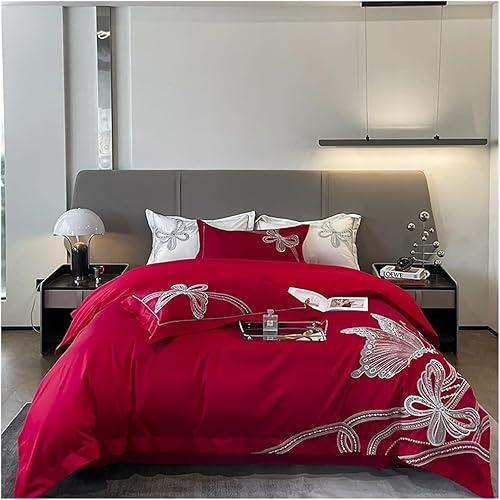 WuDLi 100% Egyptian Cotton Luxury Butterfly Embroidery Bedding Set, Duvet Cover FlatFitted Bed Sheet Pillowcases,Soft Bedding