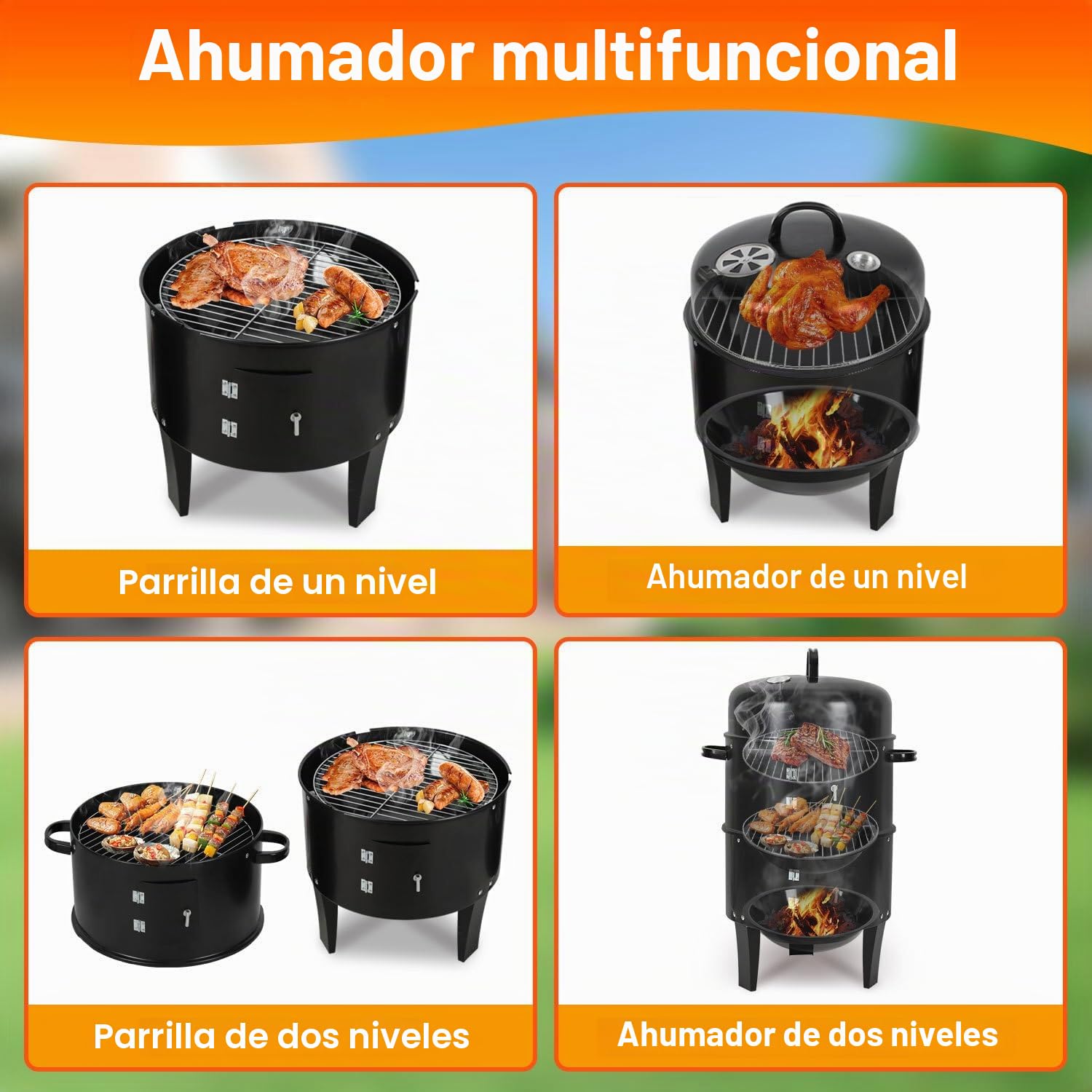 3 en 1 Horno de ahumado con termómetro, barril de humo con 2 puertas, 2 niveles y escotilla de ventilación ajustable, barbacoa compacta para jardín, balcón y camping