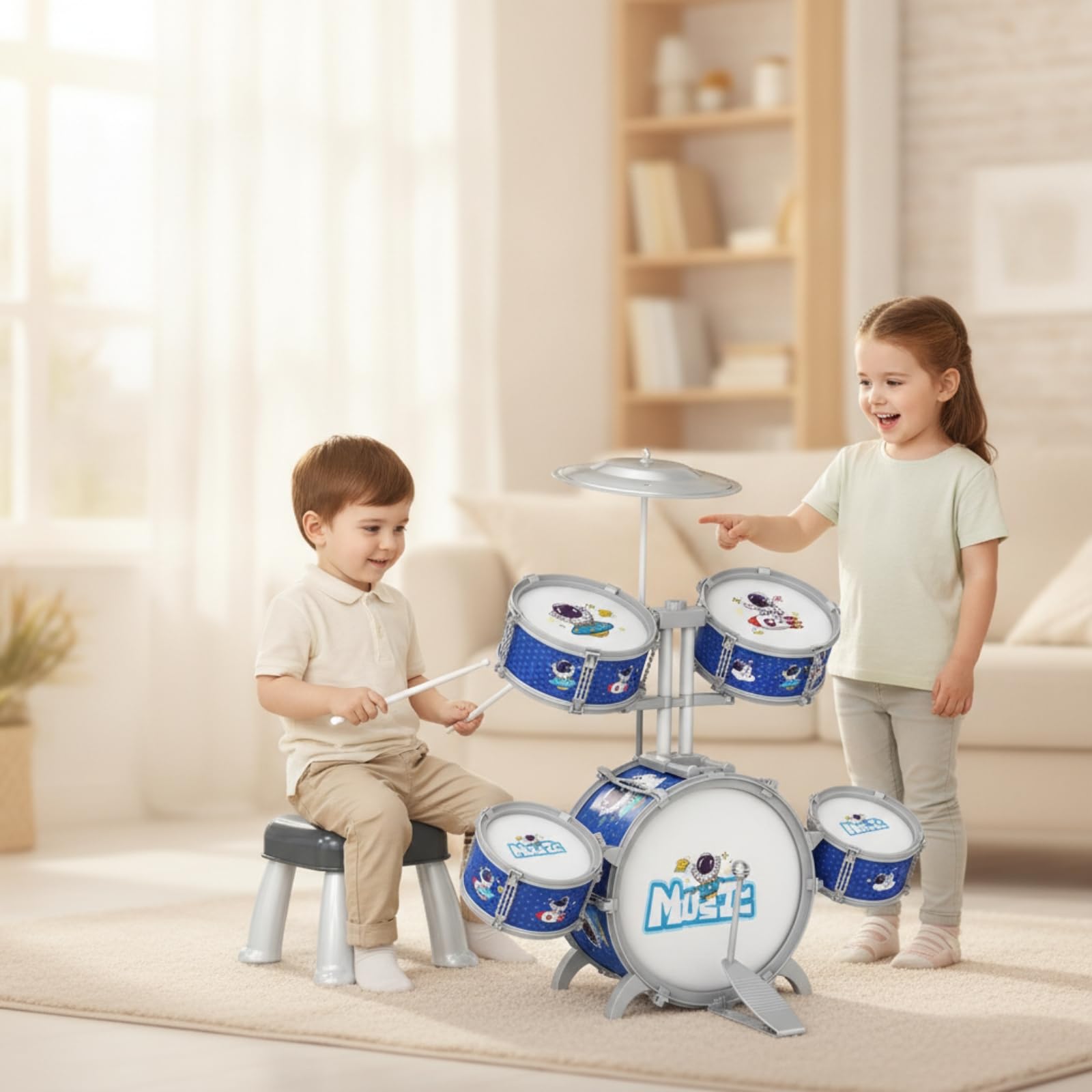 Batería Infantil Musical Conjunto de Tambores para Niños Kit de Percusión Juguete Educativo con Platillo y Asiento Ayuda al y la Melodía con , Capybara