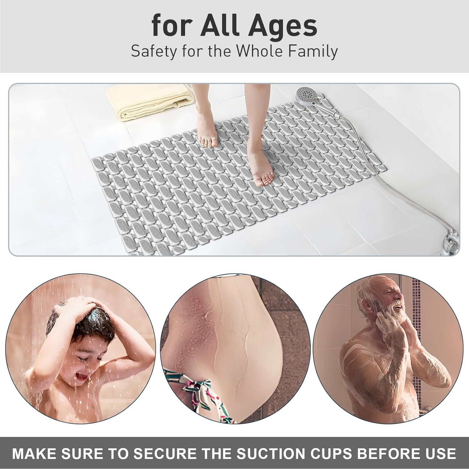 Bath Tub and Shower Mat Non Slip Bathtub Safety Mat with Powerful Suction Cups and Drain Holes, 36 x 16 Inch Soft Bathtub Mat Non Slip Bath Mat for Tub, Machine Washable, Easy to Cut, Grey