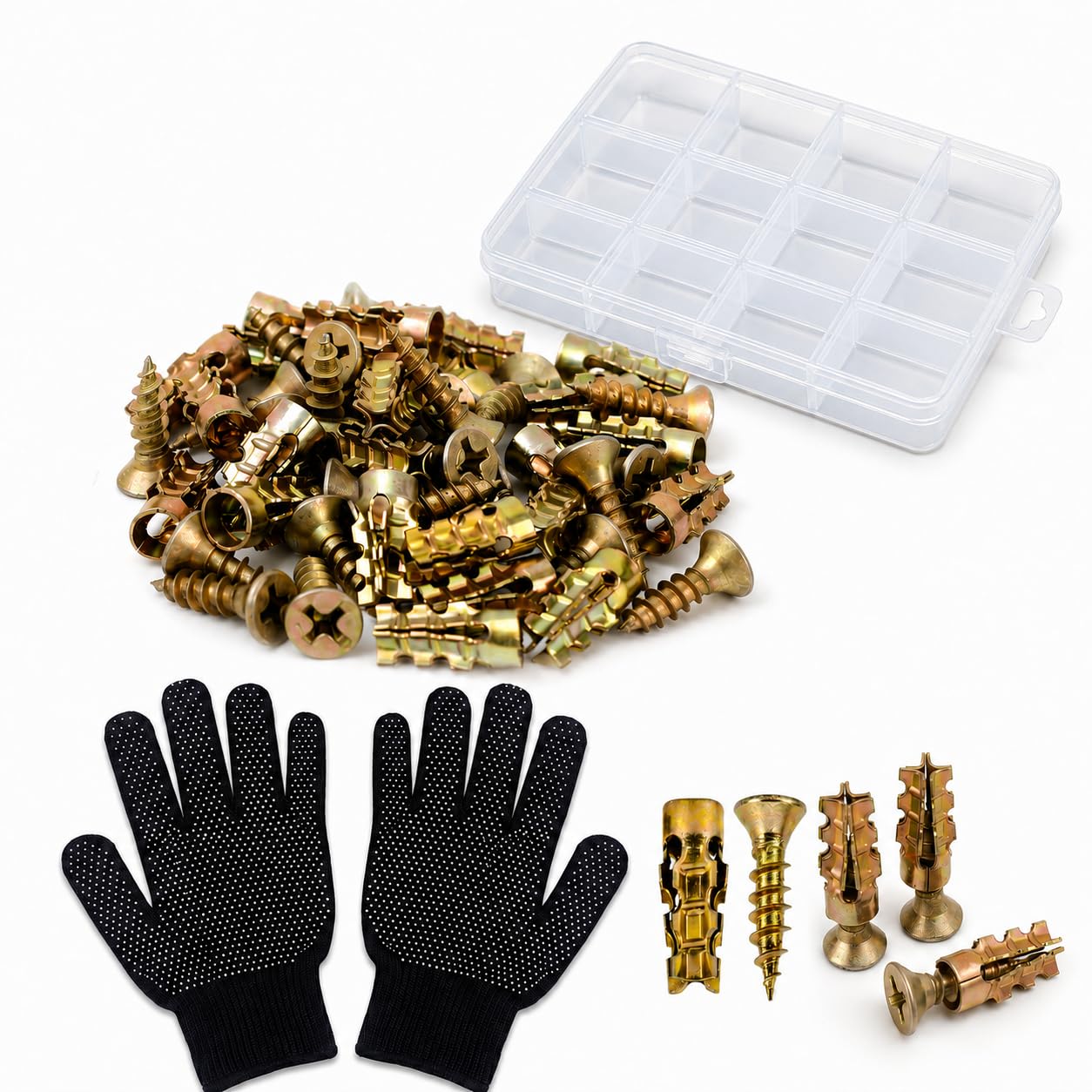 PCIQUTE 100PCS 6x14mm Expansion Screw Set for Hinge Repair, Self-Drilling Serrated Galvanized Anchors for Stripped Cabinet Holes, Heavy Duty Thread Repair Kit with Work Gloves
