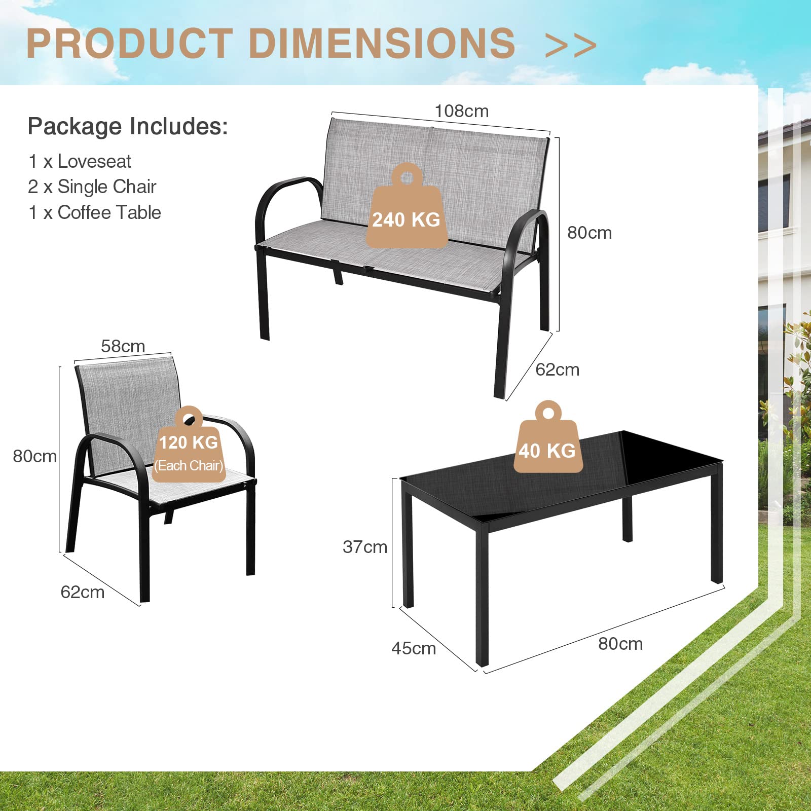 GIANTEX Set da Giardino 4 Posti, composto da Tavolino, Panca e 2 Sedie, Rivestimento in Textilene, Mobili da Esterno Comodi per Giardino e Terrazzo