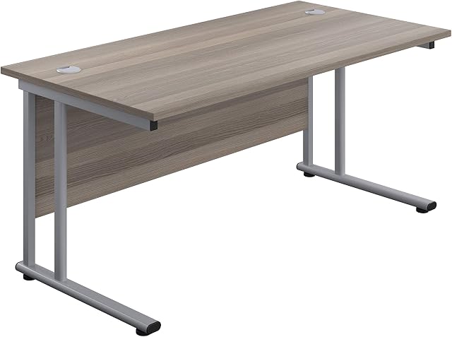 Office Hippo Heavy Duty Rectangular Cantilever Office Desk, Home Office Desk, Office Table, Integrated Cable Ports, PC Desk For Office or Home, 5 Yr Wty - Silver Frame/Grey Oak Top, 160cm x 80cm