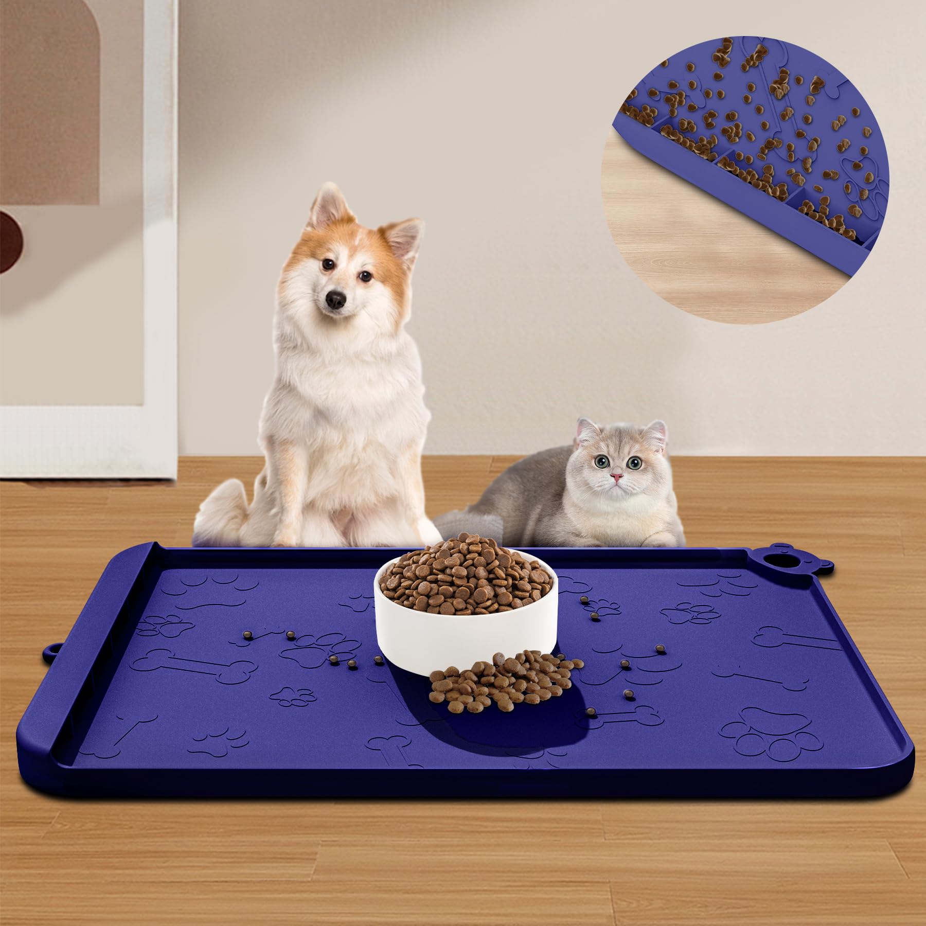 Silicone Pet Feeding Mats for Food & Water - Waterproof Bowl Mats with Residue Collection & Raised Edges, Hooks & Placemats for Cats & Dogs
