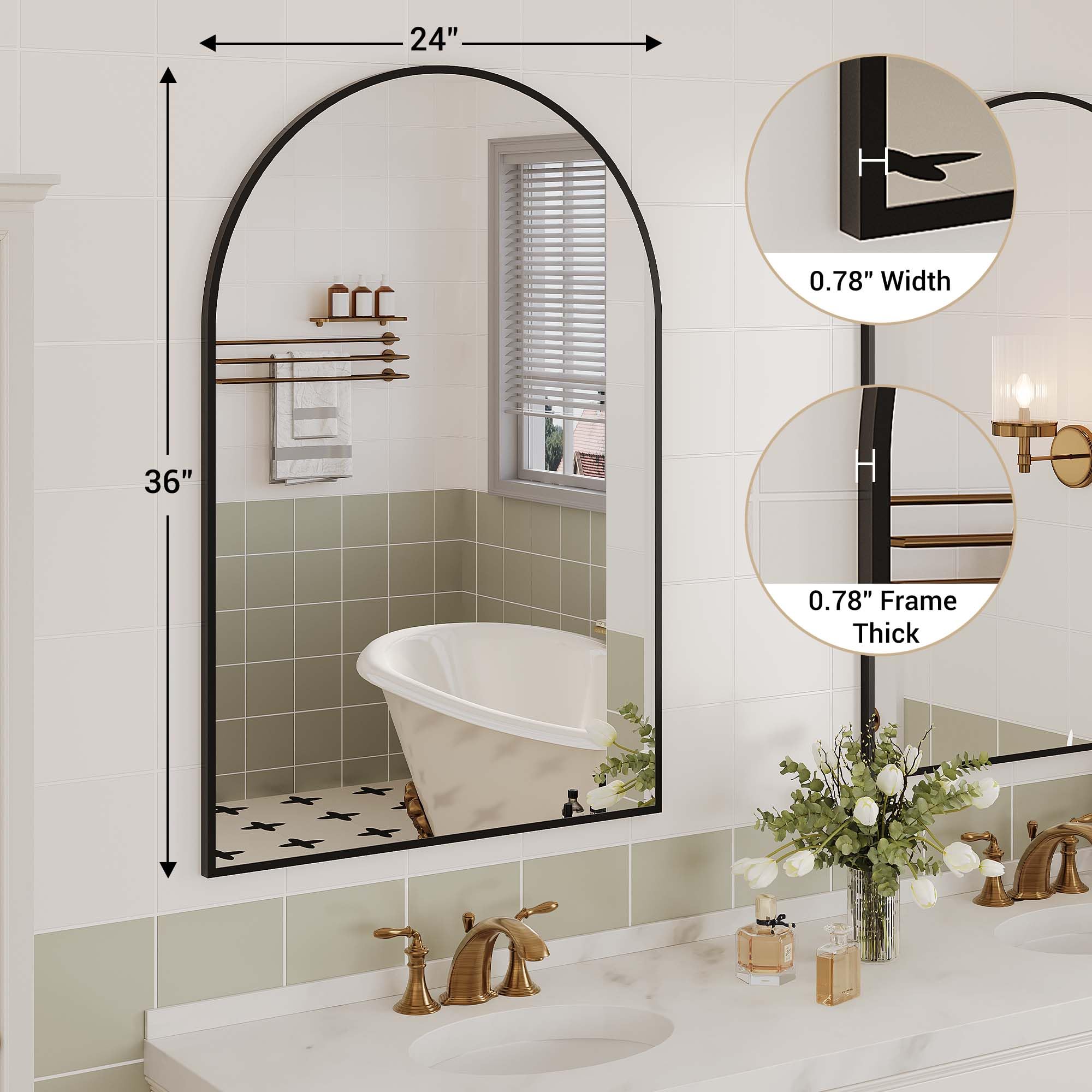 Garvee Espejo de Baño, Espejo de Pared Arqueado 61 x 91,4 cm, Marco de Aluminio Moderno, Espejo Decorativo para Entrada, Recibidor, Dormitorio o Salón, Vidrio HD de 5mm, Negro