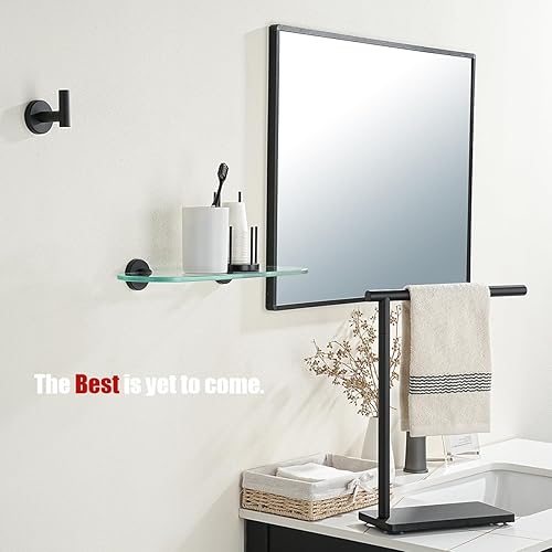 Miniatura 4 de JQK Estante de cristal para baño negro, almacenamiento de ducha de vidrio templado de 16 x 5 pulgadas, montaje en pared negro mate de acero