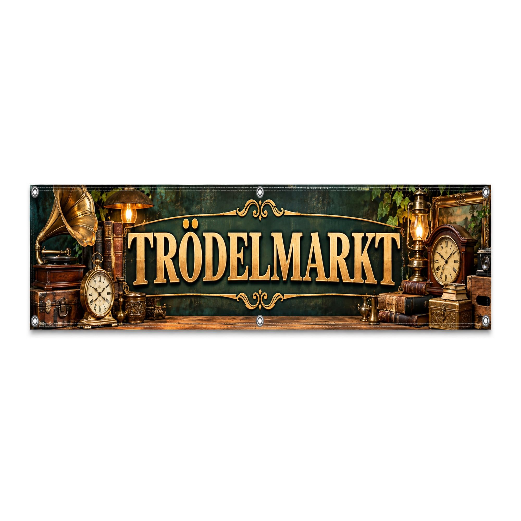 Trödelmarkt - Werbeplane 300x100 cm - 510 g PVC Banner Plane für Innen und Außen - wetterfest für Außenwerbung Innenbereich Geschäft Marktstand Veranstaltung Gastronomie