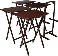 Vista 6 de PJ Wood Juego de 5 piezas, 4 mesas plegables de madera para TV con estante de almacenamiento, nogal