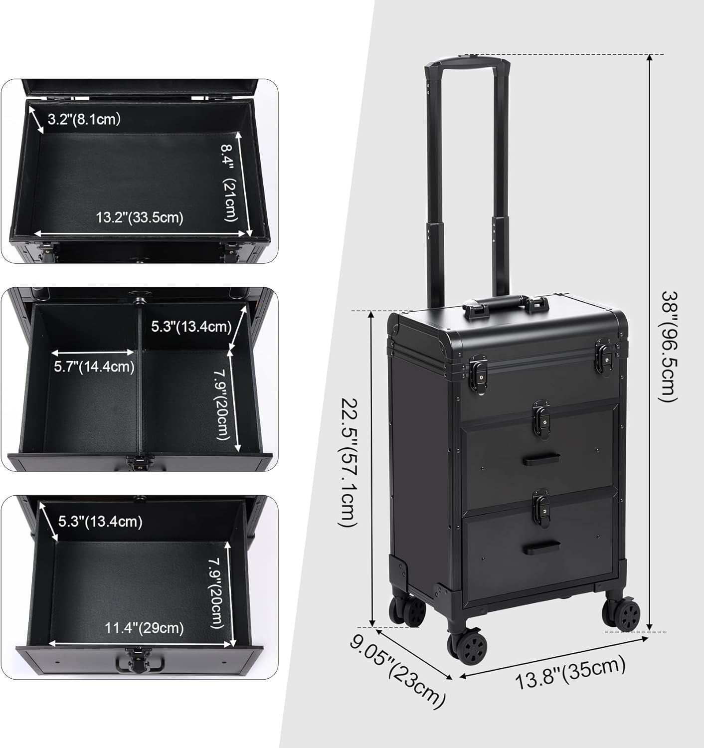 3 in 1 Rolling Makeup Case, Professional Cosmetology Case on Wheels with 2 Drawers, Ideal Gift for Hairstylist, Nail Techs, 3 Tiers Portable Beauty Organizer Case for Travel or Salon Use, Black - Image 4