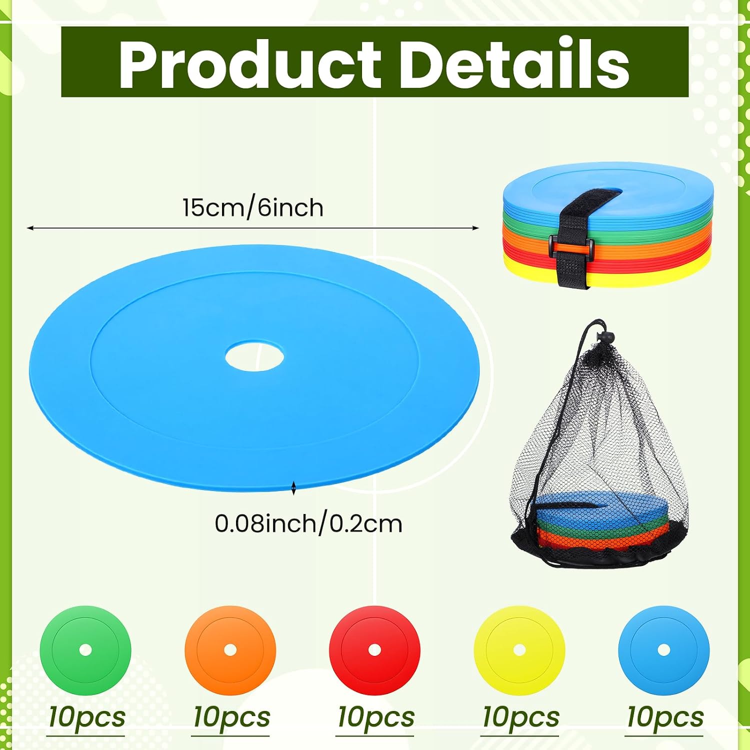 50 Pack 6 Inch Flat Cones, Non-Skid Spot Markers with Holes, Soccer Cones Field Court Markers Flat Discs for Sports Training, Football Baseball Agility Practice, Multicolor