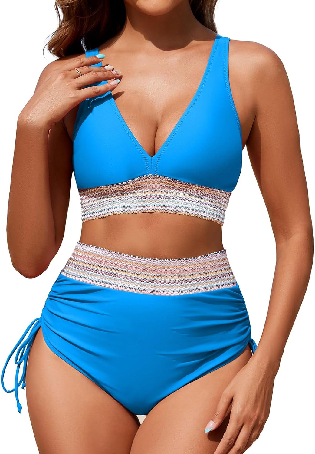 Women's High Waisted Bikini Sets Two Piece Tummy Control Swimsuit Color Block Bathing Suits Medium Blue