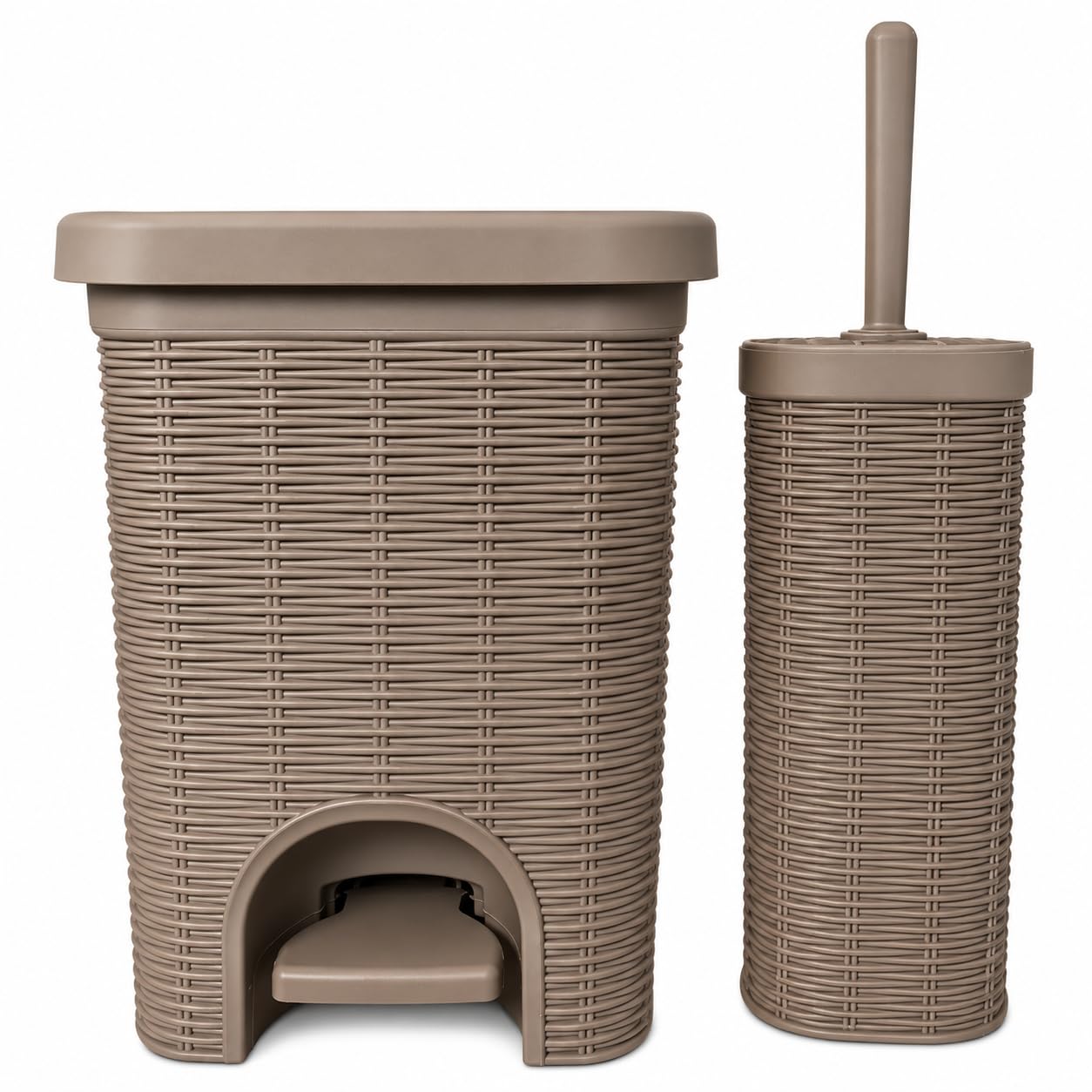Rattan Style Bathroom Bin Set with Toilet Brush Holder – Pedal Trash Can with Removable Inner Bucket, Wicker Effect Plastic Waste Bin Set for Bathroom, Toilet & Laundry Room (LIGHT BROWN)